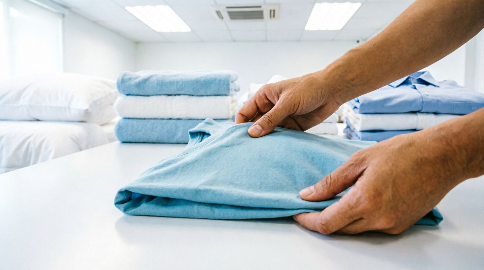 Staff folding clean laundry